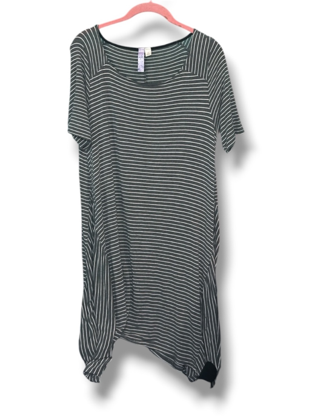Alya Gray White Striped Shark Bite Hem T-Shirt Dress Tunic L Made in USA